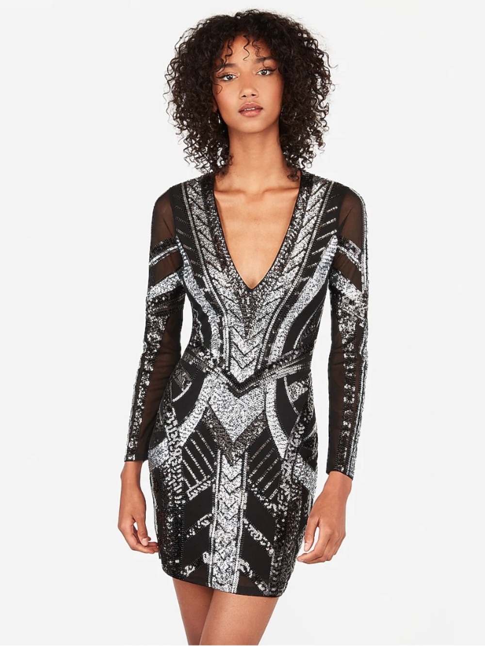 Express Black and Silver Sequin Long Sleeve V-Neck Dress